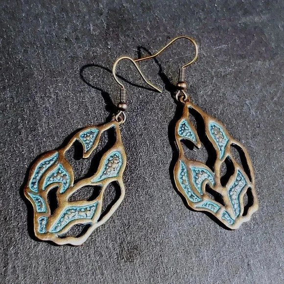 Antique Copper Verdigris Blue Green Patina Artsy Textured Open Leaf Earrings - Picture 2 of 7